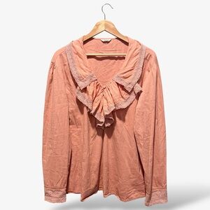 J. Peterman Ruffle Neck Blouse Coral Pink Balloon Sleeve 1X/2X Cottage Coquette